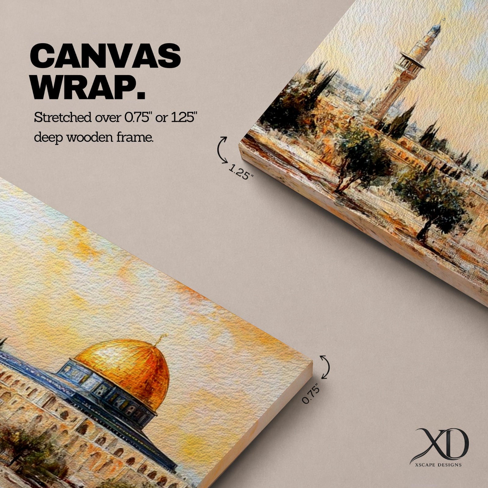 Panoramic painting of the Dome of the Rock in Jerusalem with its golden dome rising above historic stone architecture and surrounding courtyards. The composition shows nearby minarets and trees beneath a warm sky, rendered with expressive brushstrokes in earthy and golden tones.