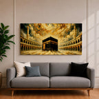 Panoramic painting of the Kaaba at the center of Masjid al Haram courtyard surrounded by mosque arches and tall minarets. Dramatic golden clouds swirl above the sacred structure while expressive brushstrokes in warm gold and dark tones create a powerful architectural composition.