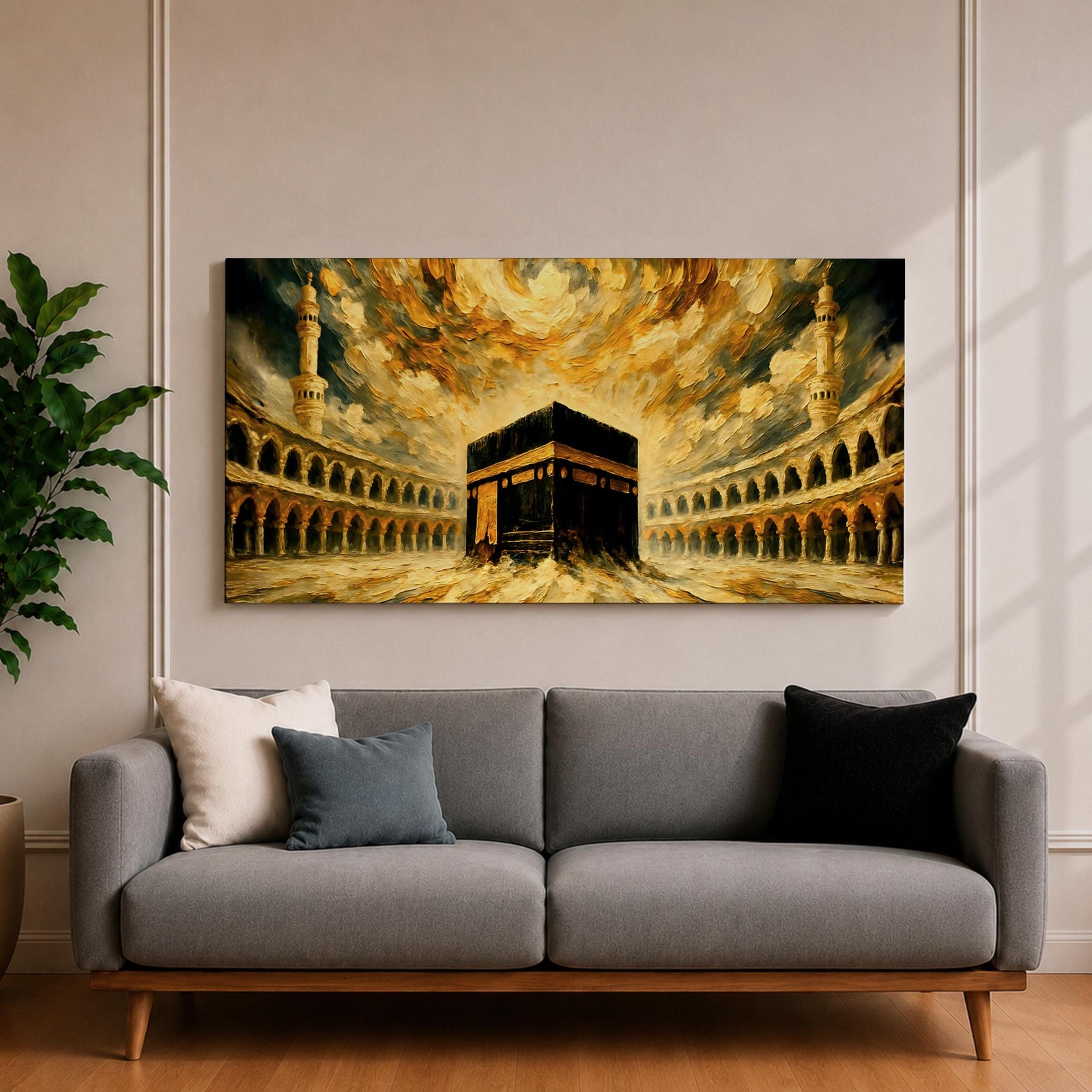 Panoramic painting of the Kaaba at the center of Masjid al Haram courtyard surrounded by mosque arches and tall minarets. Dramatic golden clouds swirl above the sacred structure while expressive brushstrokes in warm gold and dark tones create a powerful architectural composition.