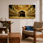 Panoramic painting of the Kaaba at the center of Masjid al Haram courtyard surrounded by mosque arches and tall minarets. Dramatic golden clouds swirl above the sacred structure while expressive brushstrokes in warm gold and dark tones create a powerful architectural composition.