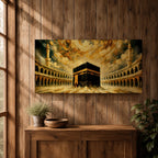 Panoramic painting of the Kaaba at the center of Masjid al Haram courtyard surrounded by mosque arches and tall minarets. Dramatic golden clouds swirl above the sacred structure while expressive brushstrokes in warm gold and dark tones create a powerful architectural composition.