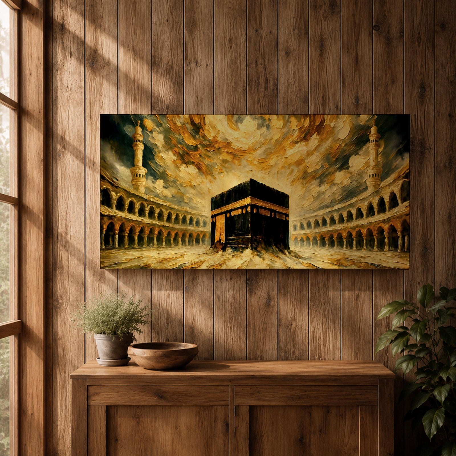 Panoramic painting of the Kaaba at the center of Masjid al Haram courtyard surrounded by mosque arches and tall minarets. Dramatic golden clouds swirl above the sacred structure while expressive brushstrokes in warm gold and dark tones create a powerful architectural composition.