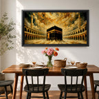 Panoramic painting of the Kaaba at the center of Masjid al Haram courtyard surrounded by mosque arches and tall minarets. Dramatic golden clouds swirl above the sacred structure while expressive brushstrokes in warm gold and dark tones create a powerful architectural composition.