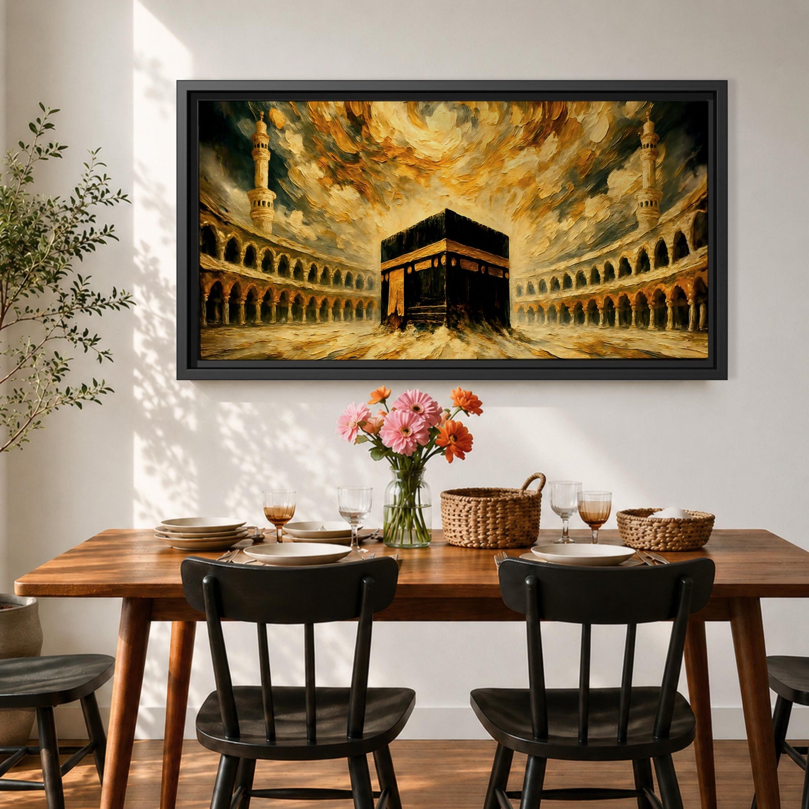 Panoramic painting of the Kaaba at the center of Masjid al Haram courtyard surrounded by mosque arches and tall minarets. Dramatic golden clouds swirl above the sacred structure while expressive brushstrokes in warm gold and dark tones create a powerful architectural composition.