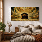 Panoramic painting of the Kaaba at the center of Masjid al Haram courtyard surrounded by mosque arches and tall minarets. Dramatic golden clouds swirl above the sacred structure while expressive brushstrokes in warm gold and dark tones create a powerful architectural composition.