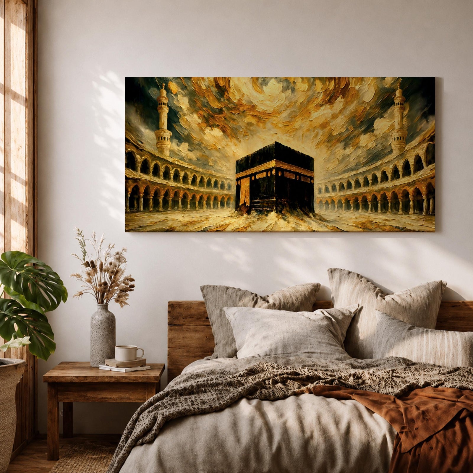 Panoramic painting of the Kaaba at the center of Masjid al Haram courtyard surrounded by mosque arches and tall minarets. Dramatic golden clouds swirl above the sacred structure while expressive brushstrokes in warm gold and dark tones create a powerful architectural composition.