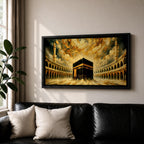 Panoramic painting of the Kaaba at the center of Masjid al Haram courtyard surrounded by mosque arches and tall minarets. Dramatic golden clouds swirl above the sacred structure while expressive brushstrokes in warm gold and dark tones create a powerful architectural composition.