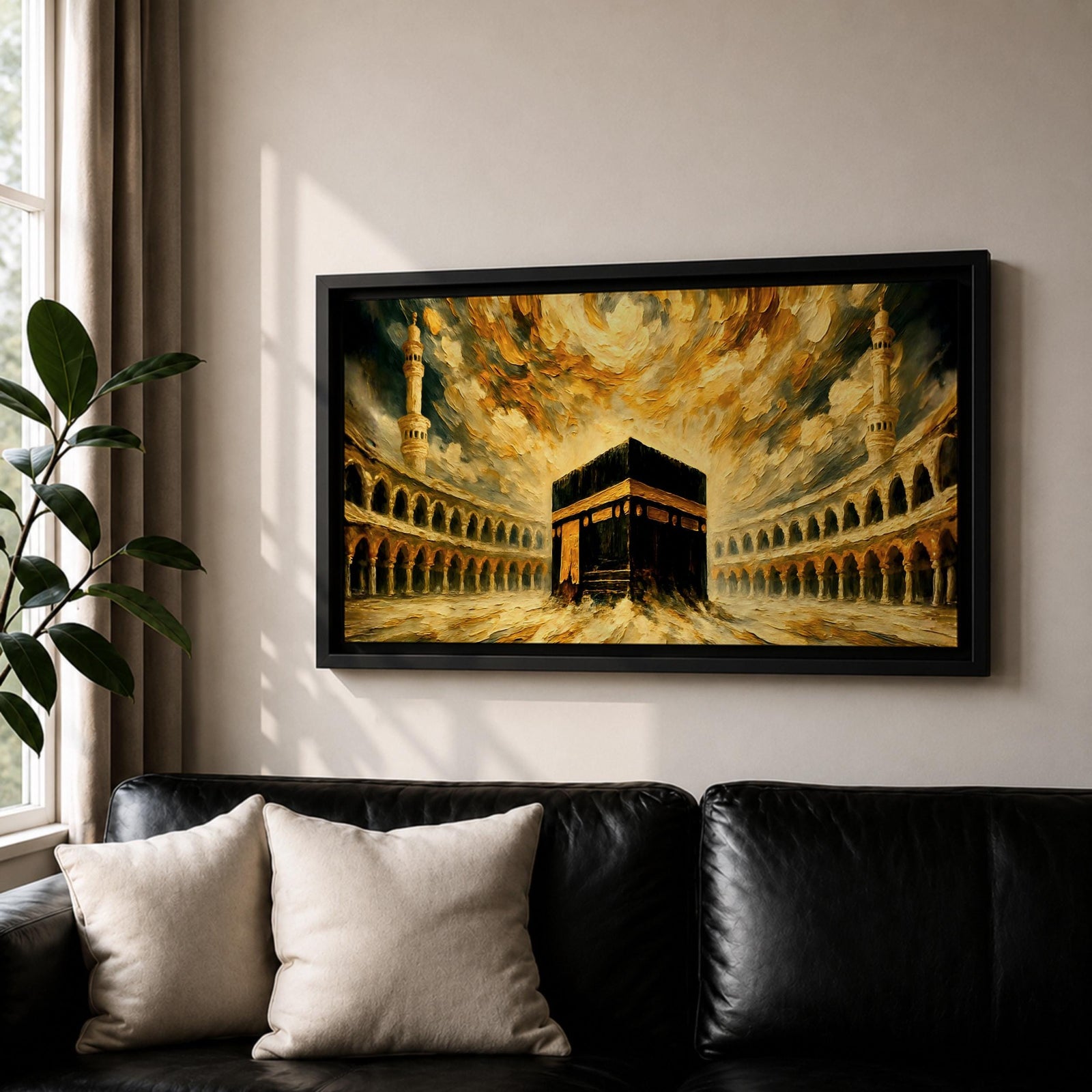 Panoramic painting of the Kaaba at the center of Masjid al Haram courtyard surrounded by mosque arches and tall minarets. Dramatic golden clouds swirl above the sacred structure while expressive brushstrokes in warm gold and dark tones create a powerful architectural composition.