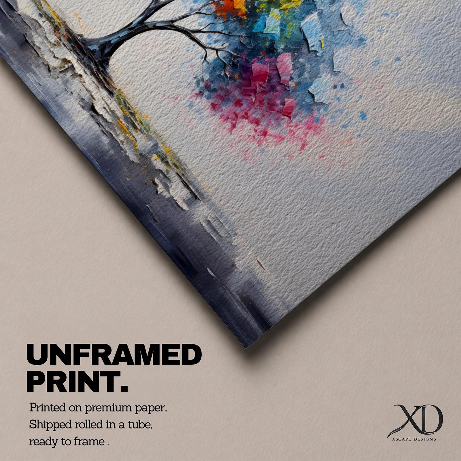 Panoramic abstract painting of a solitary tree with a vibrant multicolored canopy formed by expressive palette knife strokes. Bright red, yellow, blue, and pink leaves burst outward against a soft neutral background while the dark trunk anchors the composition.