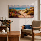 Panoramic coastal landscape painting of sandy beach dunes leading toward turquoise ocean waves under a bright sky. Tall grasses and colorful wildflowers line a winding path through the dunes, painted with loose textured brushstrokes capturing sunlight, sea breeze, and shoreline scenery.