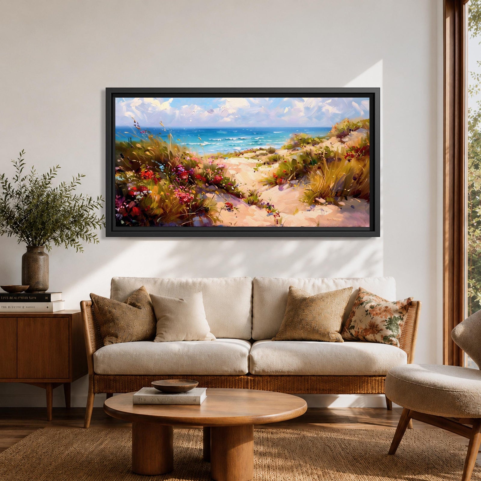 Panoramic coastal landscape painting of sandy beach dunes leading toward turquoise ocean waves under a bright sky. Tall grasses and colorful wildflowers line a winding path through the dunes, painted with loose textured brushstrokes capturing sunlight, sea breeze, and shoreline scenery.