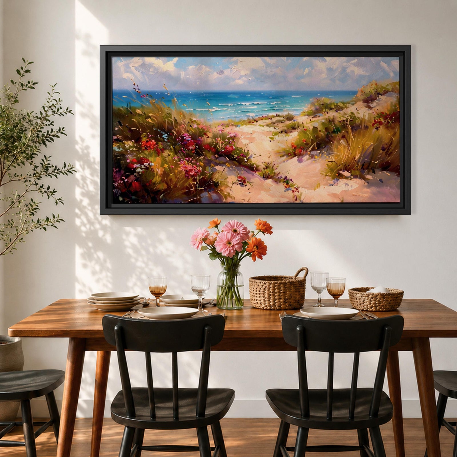 Panoramic coastal landscape painting of sandy beach dunes leading toward turquoise ocean waves under a bright sky. Tall grasses and colorful wildflowers line a winding path through the dunes, painted with loose textured brushstrokes capturing sunlight, sea breeze, and shoreline scenery.