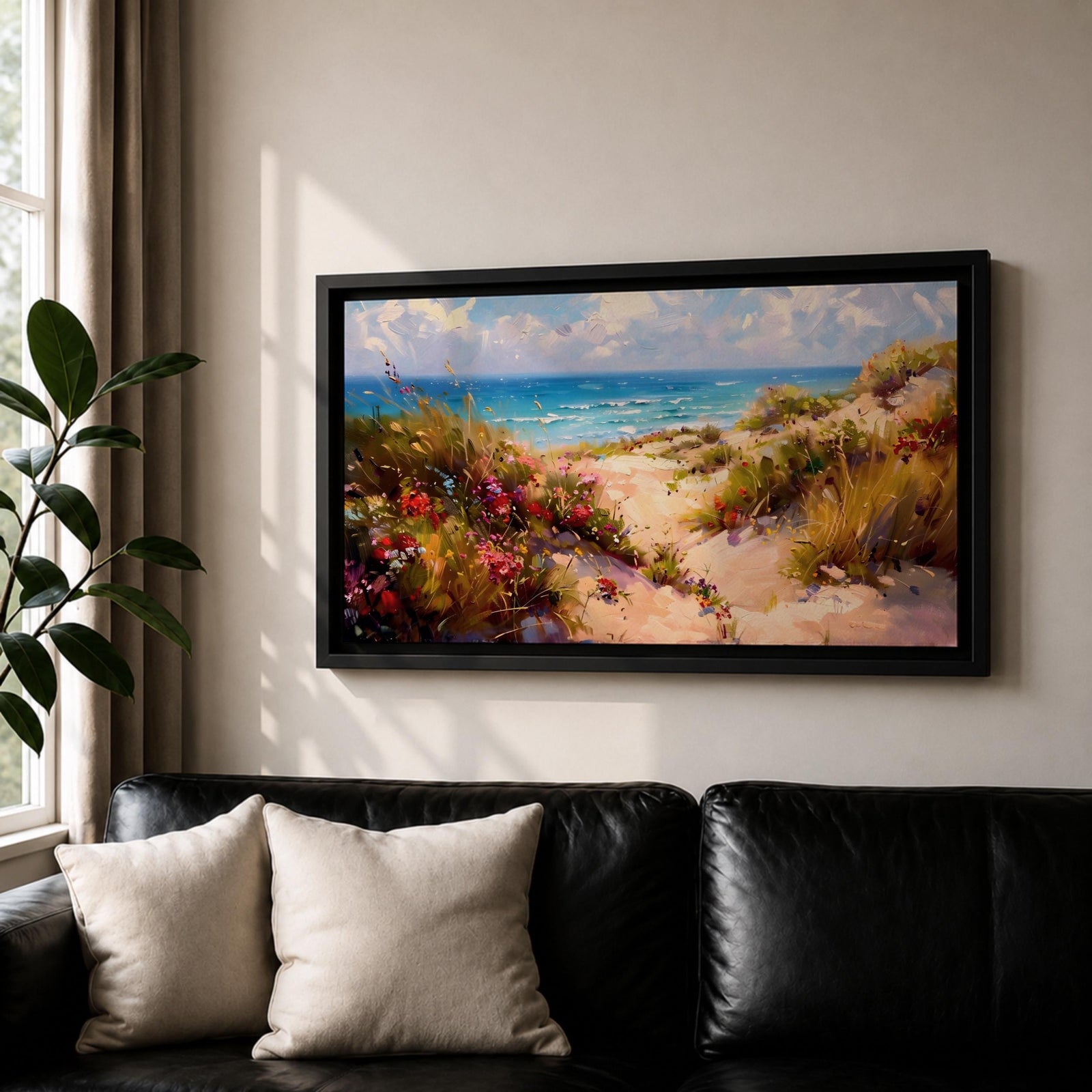 Panoramic coastal landscape painting of sandy beach dunes leading toward turquoise ocean waves under a bright sky. Tall grasses and colorful wildflowers line a winding path through the dunes, painted with loose textured brushstrokes capturing sunlight, sea breeze, and shoreline scenery.