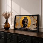 Panoramic painting of a serene Buddha portrait with closed eyes and calm expression set before a radiant golden halo. The composition features textured brushwork in dark bronze tones contrasted against metallic gold accents and an abstract background.