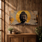 Panoramic painting of a serene Buddha portrait with closed eyes and calm expression set before a radiant golden halo. The composition features textured brushwork in dark bronze tones contrasted against metallic gold accents and an abstract background.