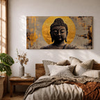 Panoramic painting of a serene Buddha portrait with closed eyes and calm expression set before a radiant golden halo. The composition features textured brushwork in dark bronze tones contrasted against metallic gold accents and an abstract background.