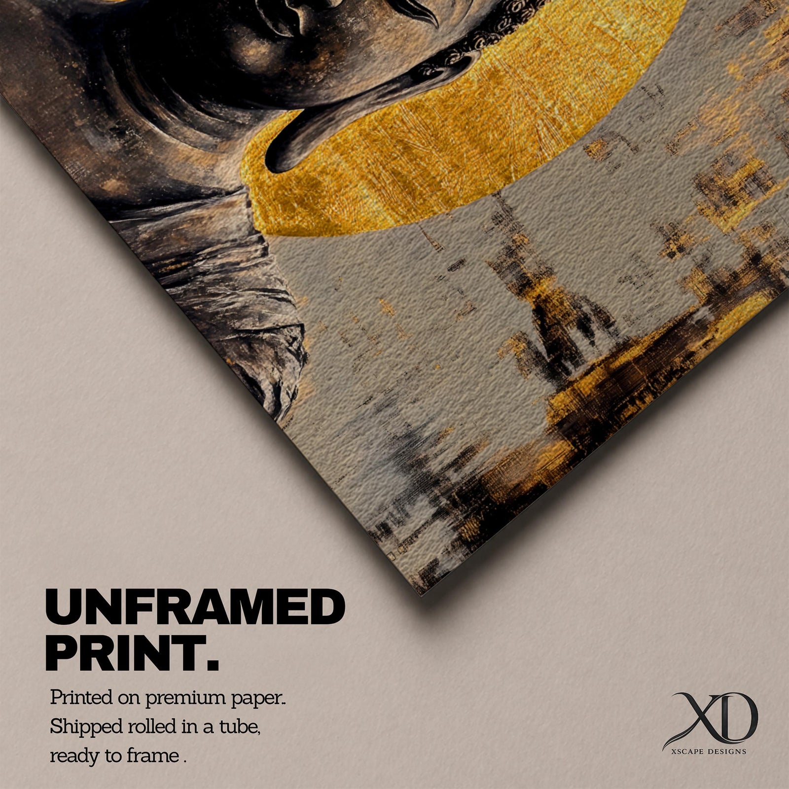 Panoramic painting of a serene Buddha portrait with closed eyes and calm expression set before a radiant golden halo. The composition features textured brushwork in dark bronze tones contrasted against metallic gold accents and an abstract background.