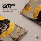 Panoramic painting of a serene Buddha portrait with closed eyes and calm expression set before a radiant golden halo. The composition features textured brushwork in dark bronze tones contrasted against metallic gold accents and an abstract background.