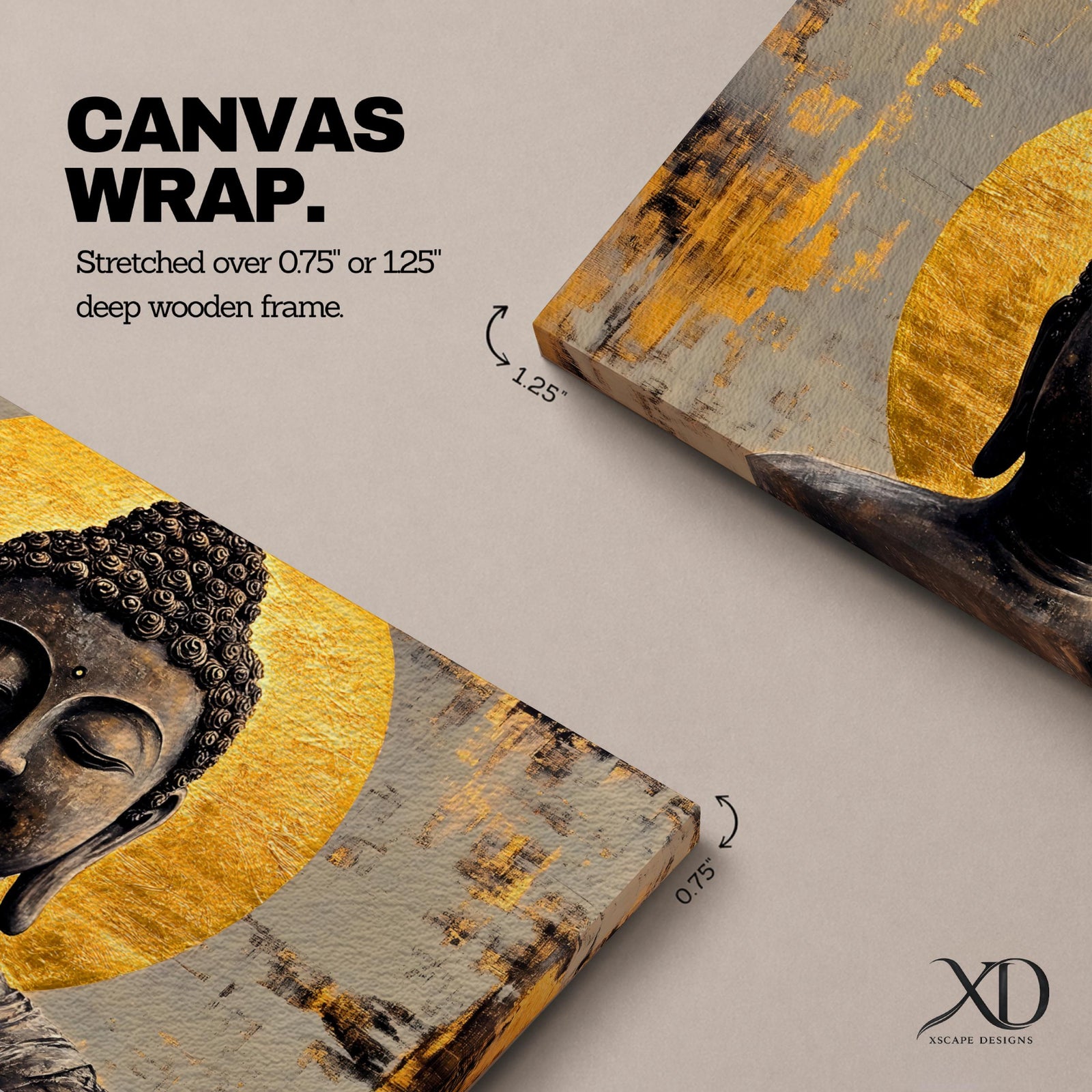 Panoramic painting of a serene Buddha portrait with closed eyes and calm expression set before a radiant golden halo. The composition features textured brushwork in dark bronze tones contrasted against metallic gold accents and an abstract background.