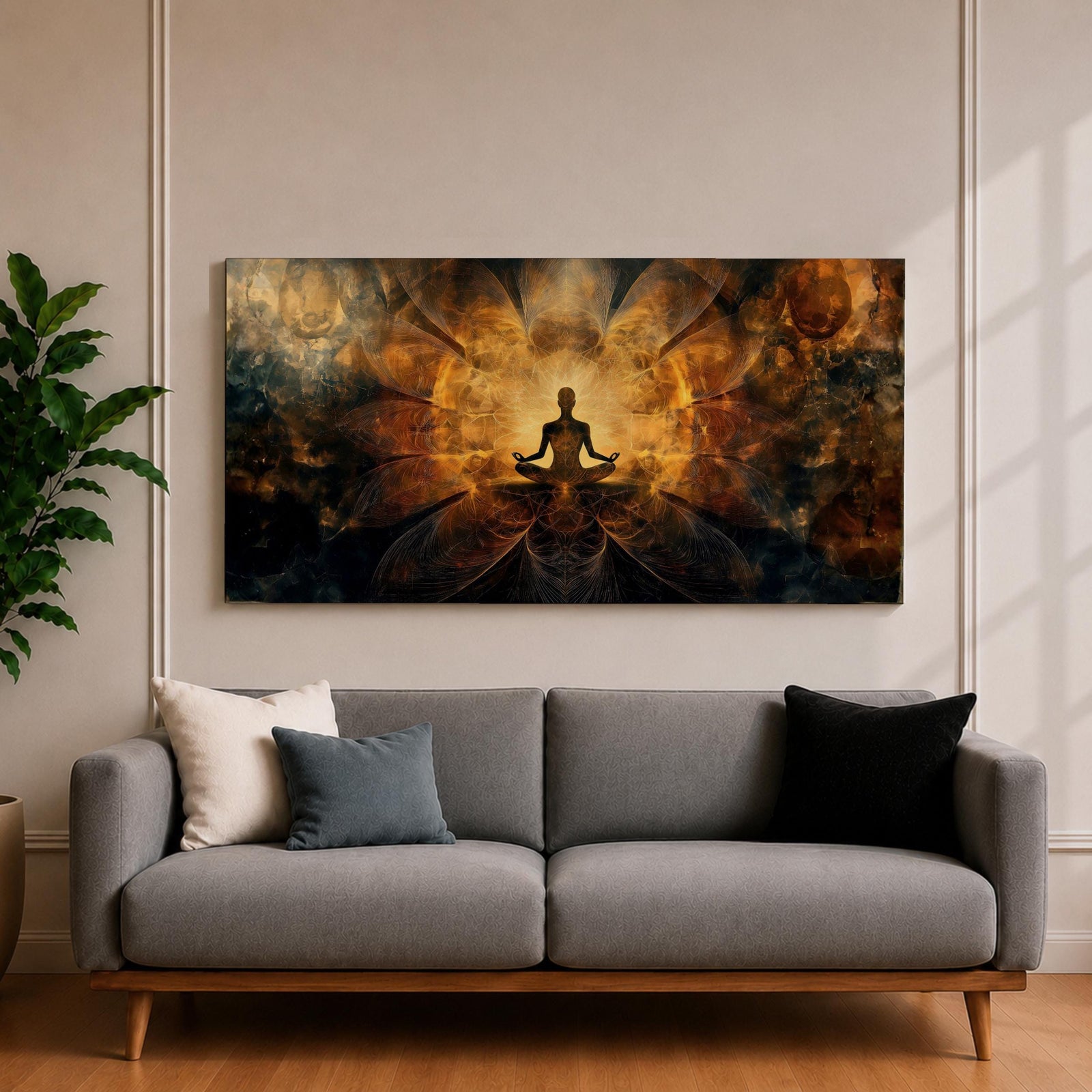 Panoramic spiritual artwork of a meditating silhouette seated in lotus position surrounded by radiant golden energy patterns and abstract symmetrical light forms resembling wings or lotus petals against a dark cosmic background.