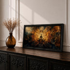 Panoramic spiritual artwork of a meditating silhouette seated in lotus position surrounded by radiant golden energy patterns and abstract symmetrical light forms resembling wings or lotus petals against a dark cosmic background.