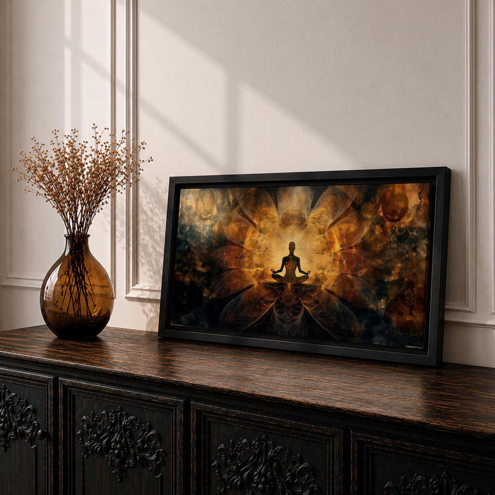 Panoramic spiritual artwork of a meditating silhouette seated in lotus position surrounded by radiant golden energy patterns and abstract symmetrical light forms resembling wings or lotus petals against a dark cosmic background.