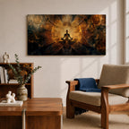 Panoramic spiritual artwork of a meditating silhouette seated in lotus position surrounded by radiant golden energy patterns and abstract symmetrical light forms resembling wings or lotus petals against a dark cosmic background.