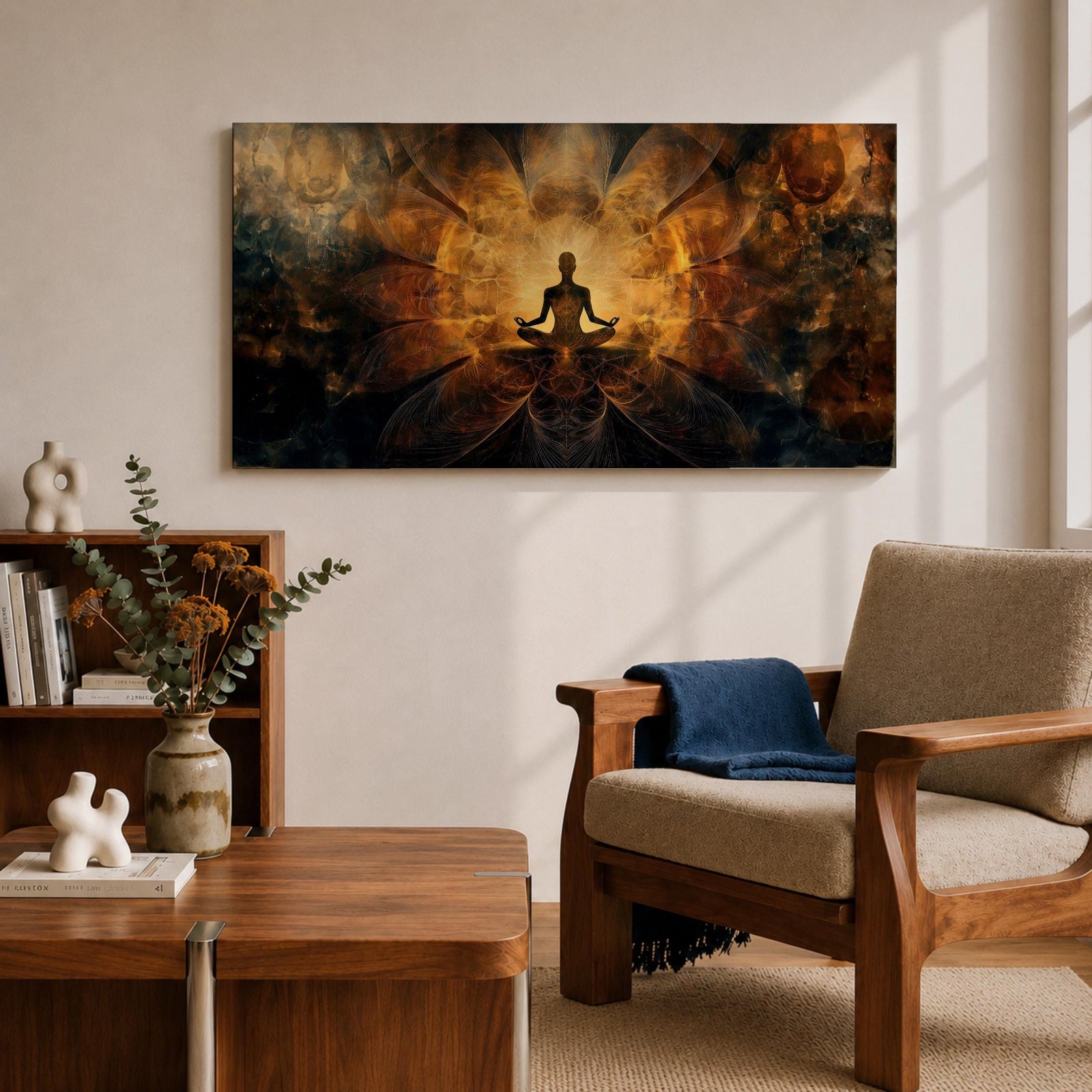 Panoramic spiritual artwork of a meditating silhouette seated in lotus position surrounded by radiant golden energy patterns and abstract symmetrical light forms resembling wings or lotus petals against a dark cosmic background.