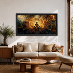 Panoramic spiritual artwork of a meditating silhouette seated in lotus position surrounded by radiant golden energy patterns and abstract symmetrical light forms resembling wings or lotus petals against a dark cosmic background.