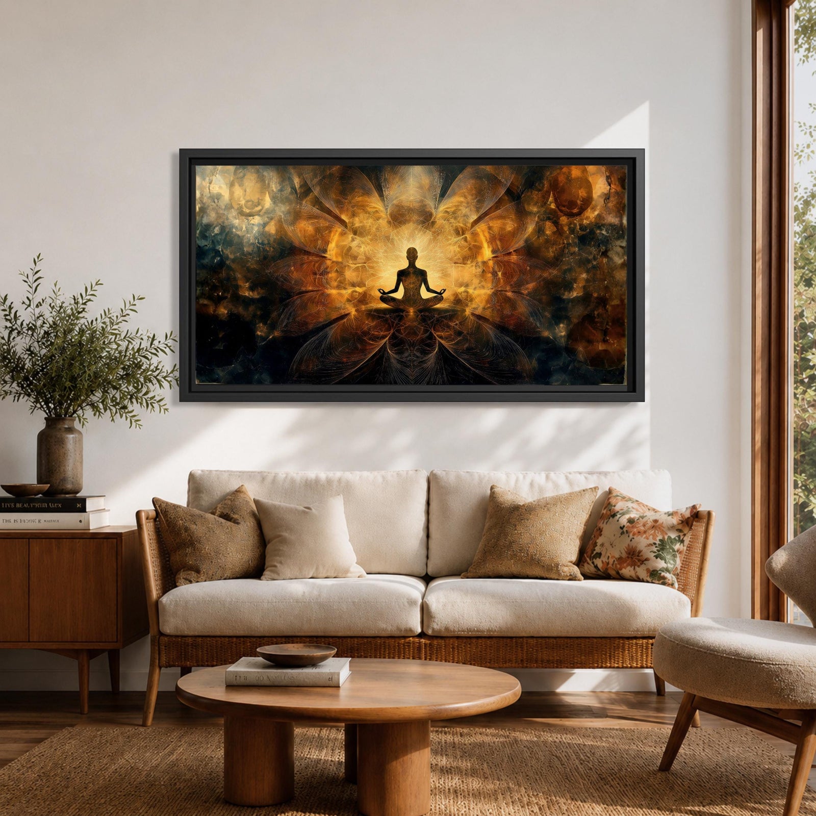 Panoramic spiritual artwork of a meditating silhouette seated in lotus position surrounded by radiant golden energy patterns and abstract symmetrical light forms resembling wings or lotus petals against a dark cosmic background.