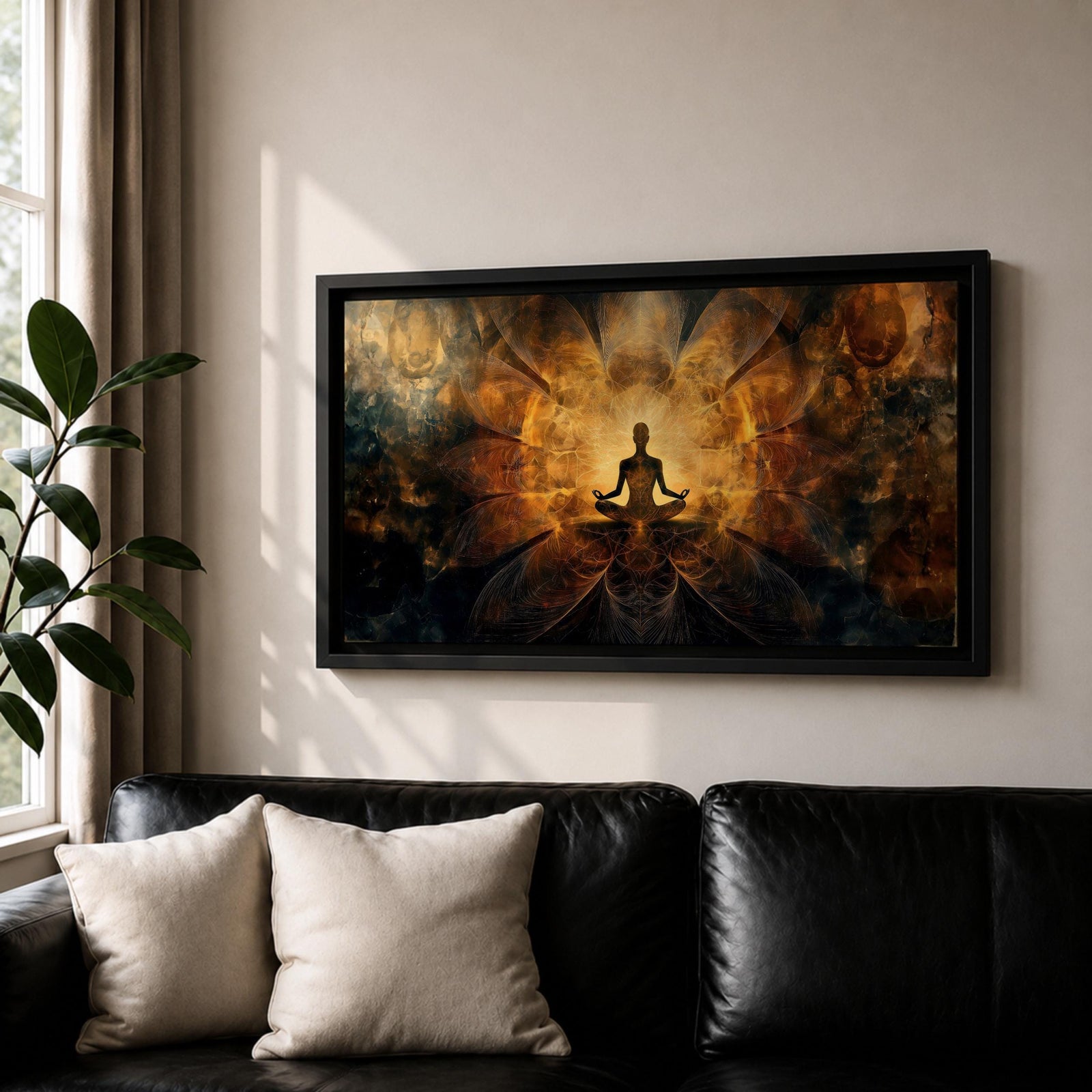 Panoramic spiritual artwork of a meditating silhouette seated in lotus position surrounded by radiant golden energy patterns and abstract symmetrical light forms resembling wings or lotus petals against a dark cosmic background.