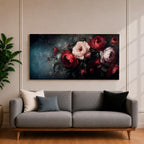 Panoramic oil-style painting of deep red and soft blush roses arranged in a lush bouquet against a dark moody background. Thick textured brushstrokes highlight layered petals, creating a dramatic romantic floral composition with rich shadows and painterly depth.