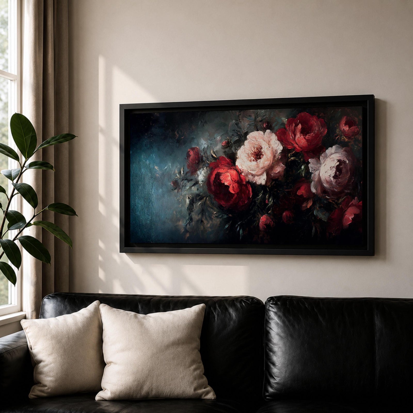 Panoramic oil-style painting of deep red and soft blush roses arranged in a lush bouquet against a dark moody background. Thick textured brushstrokes highlight layered petals, creating a dramatic romantic floral composition with rich shadows and painterly depth.