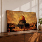 Panoramic vintage style painting of the Dome of the Rock in Jerusalem featuring a glowing golden dome above historic stone architecture with warm sepia tones and textured brushwork against a dramatic sky.