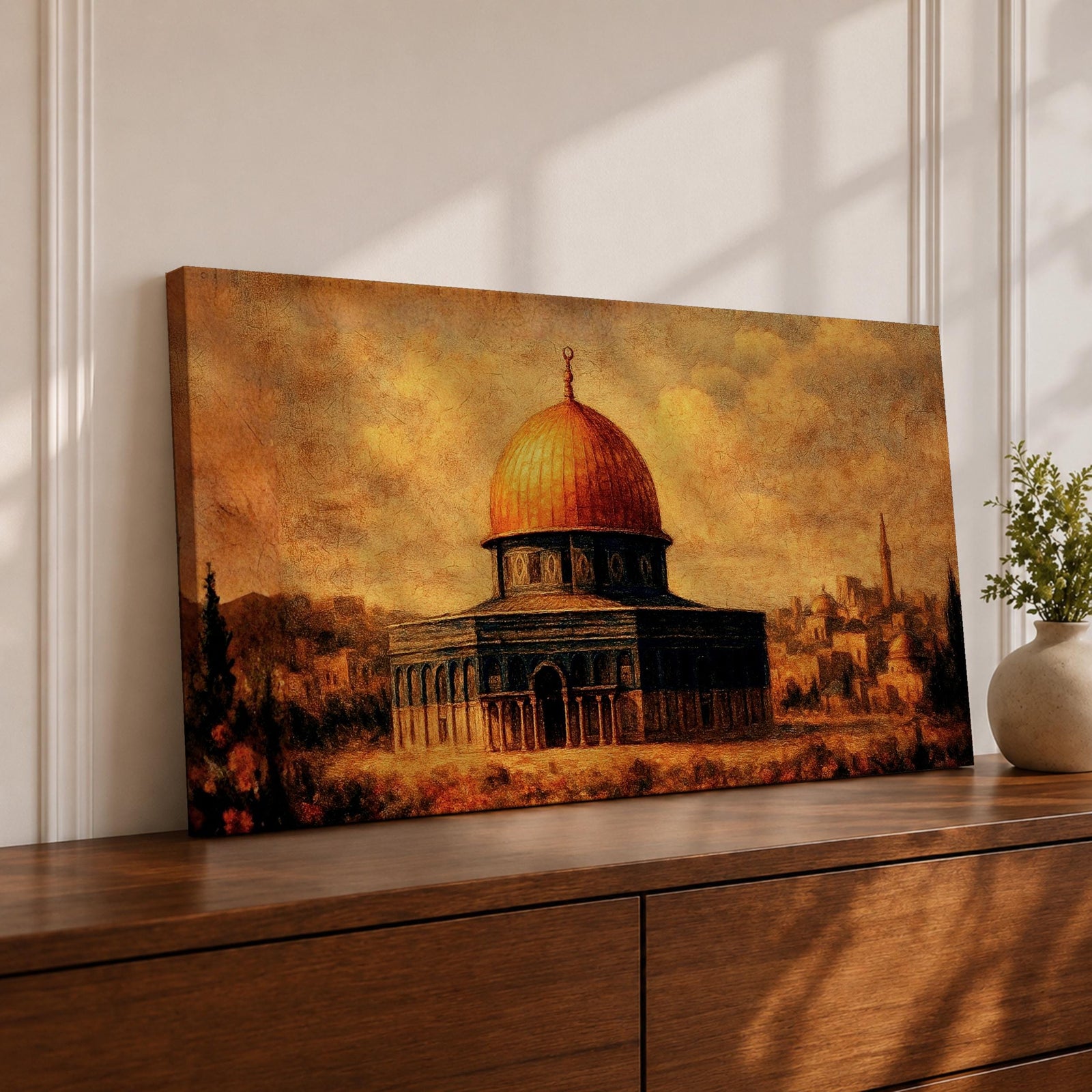 Panoramic vintage style painting of the Dome of the Rock in Jerusalem featuring a glowing golden dome above historic stone architecture with warm sepia tones and textured brushwork against a dramatic sky.