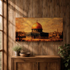 Panoramic vintage style painting of the Dome of the Rock in Jerusalem featuring a glowing golden dome above historic stone architecture with warm sepia tones and textured brushwork against a dramatic sky.
