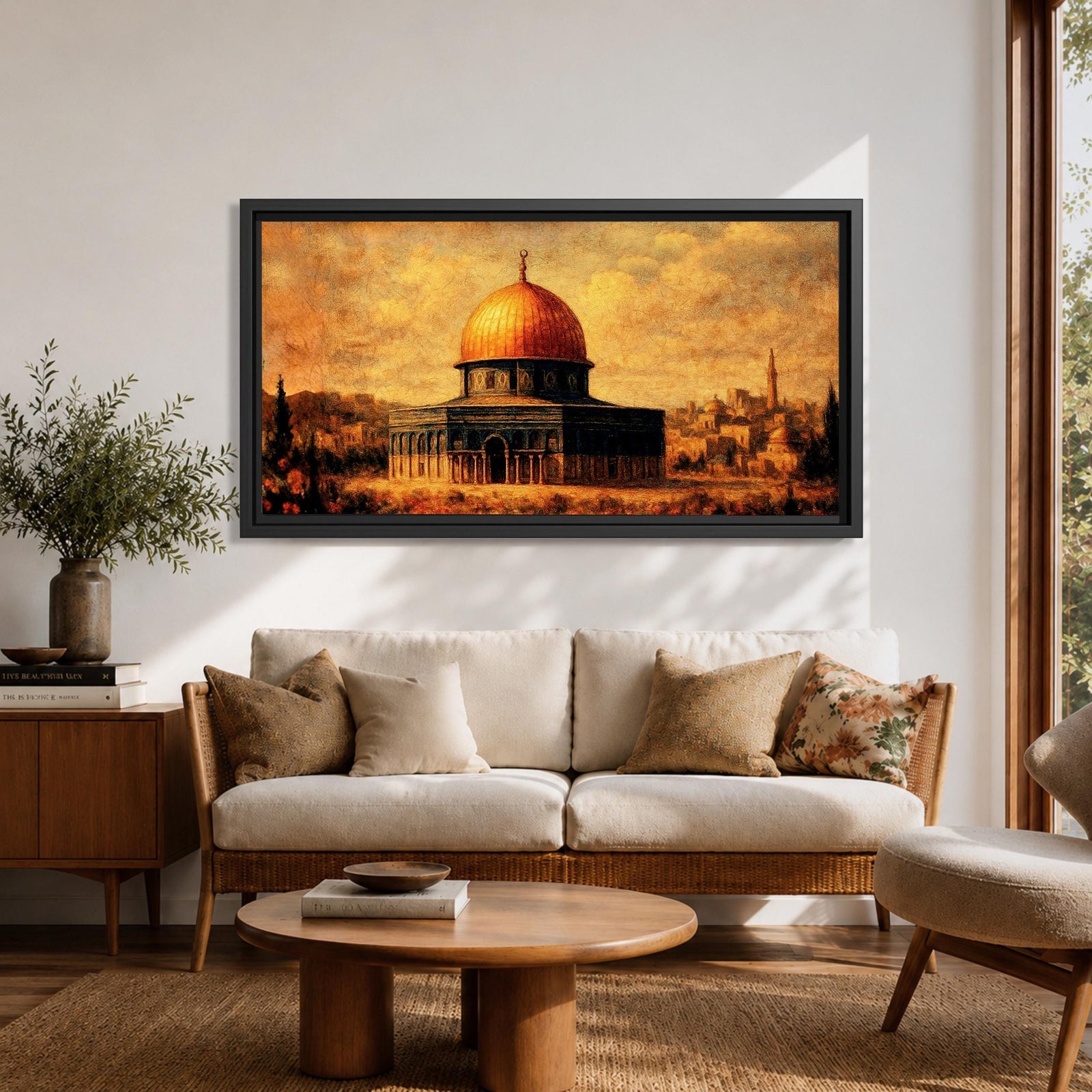 Panoramic vintage style painting of the Dome of the Rock in Jerusalem featuring a glowing golden dome above historic stone architecture with warm sepia tones and textured brushwork against a dramatic sky.