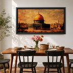 Panoramic vintage style painting of the Dome of the Rock in Jerusalem featuring a glowing golden dome above historic stone architecture with warm sepia tones and textured brushwork against a dramatic sky.