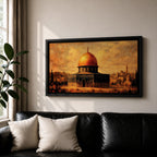 Panoramic vintage style painting of the Dome of the Rock in Jerusalem featuring a glowing golden dome above historic stone architecture with warm sepia tones and textured brushwork against a dramatic sky.