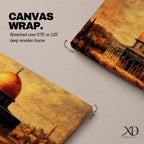 Panoramic vintage style painting of the Dome of the Rock in Jerusalem featuring a glowing golden dome above historic stone architecture with warm sepia tones and textured brushwork against a dramatic sky.