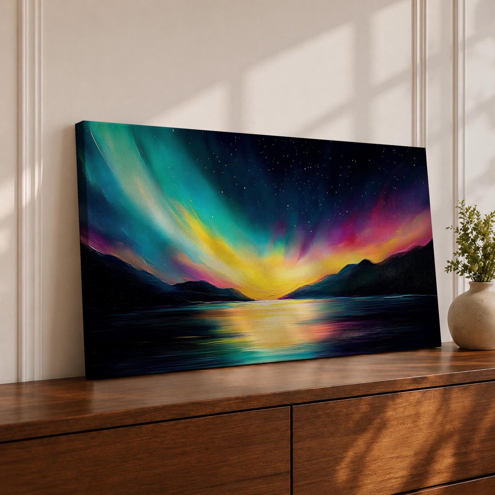 Panoramic painting of vibrant aurora borealis lights sweeping across a star filled night sky above calm mountain silhouettes and a reflective lake with glowing colors mirrored on the water.