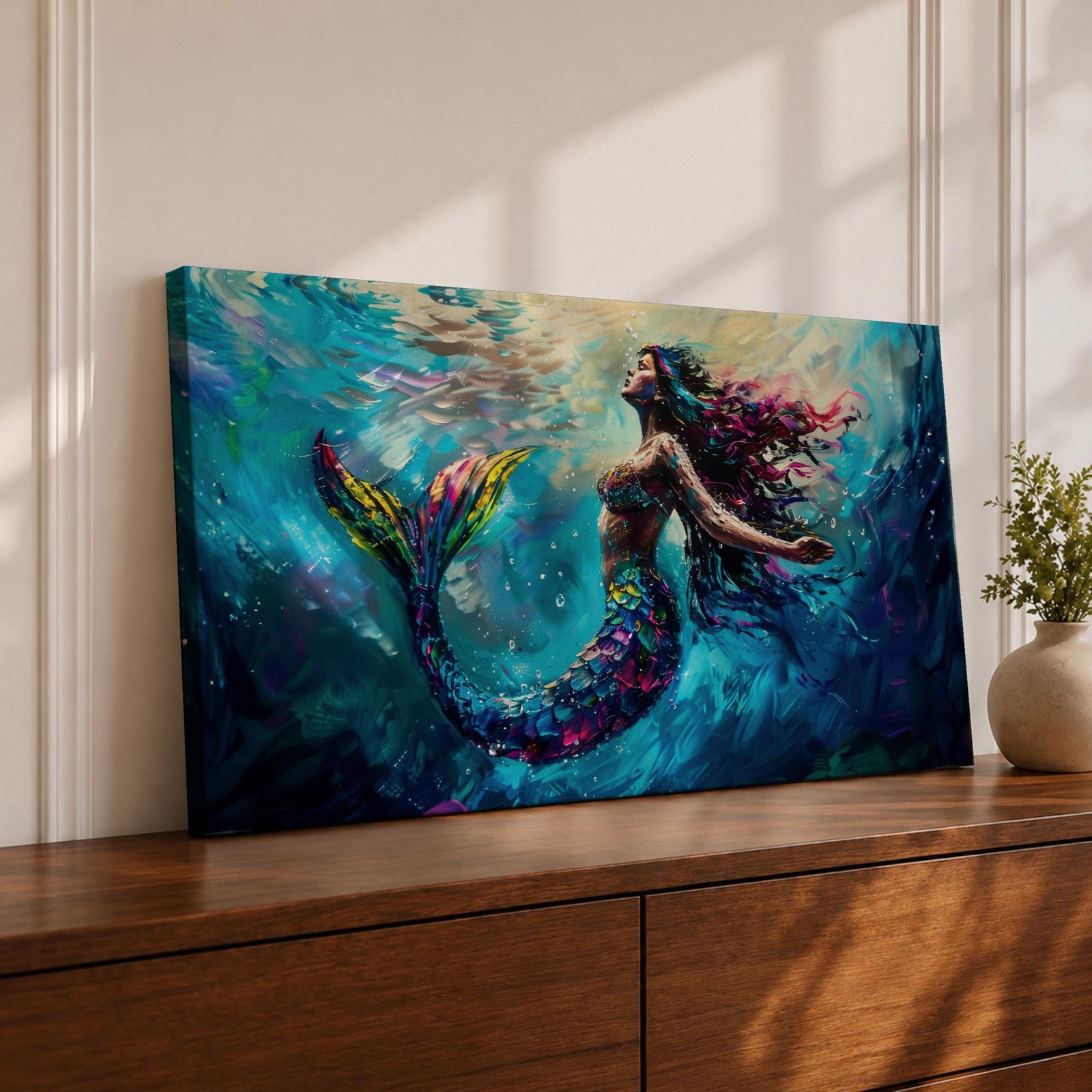 Panoramic fantasy artwork of a mermaid swimming gracefully underwater with flowing hair and iridescent scales illuminated by soft ocean light and deep blue currents.