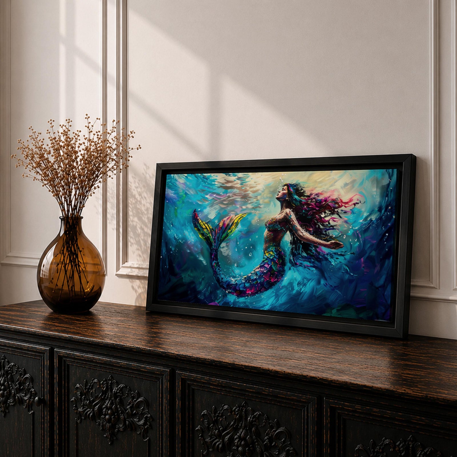 Panoramic fantasy artwork of a mermaid swimming gracefully underwater with flowing hair and iridescent scales illuminated by soft ocean light and deep blue currents.