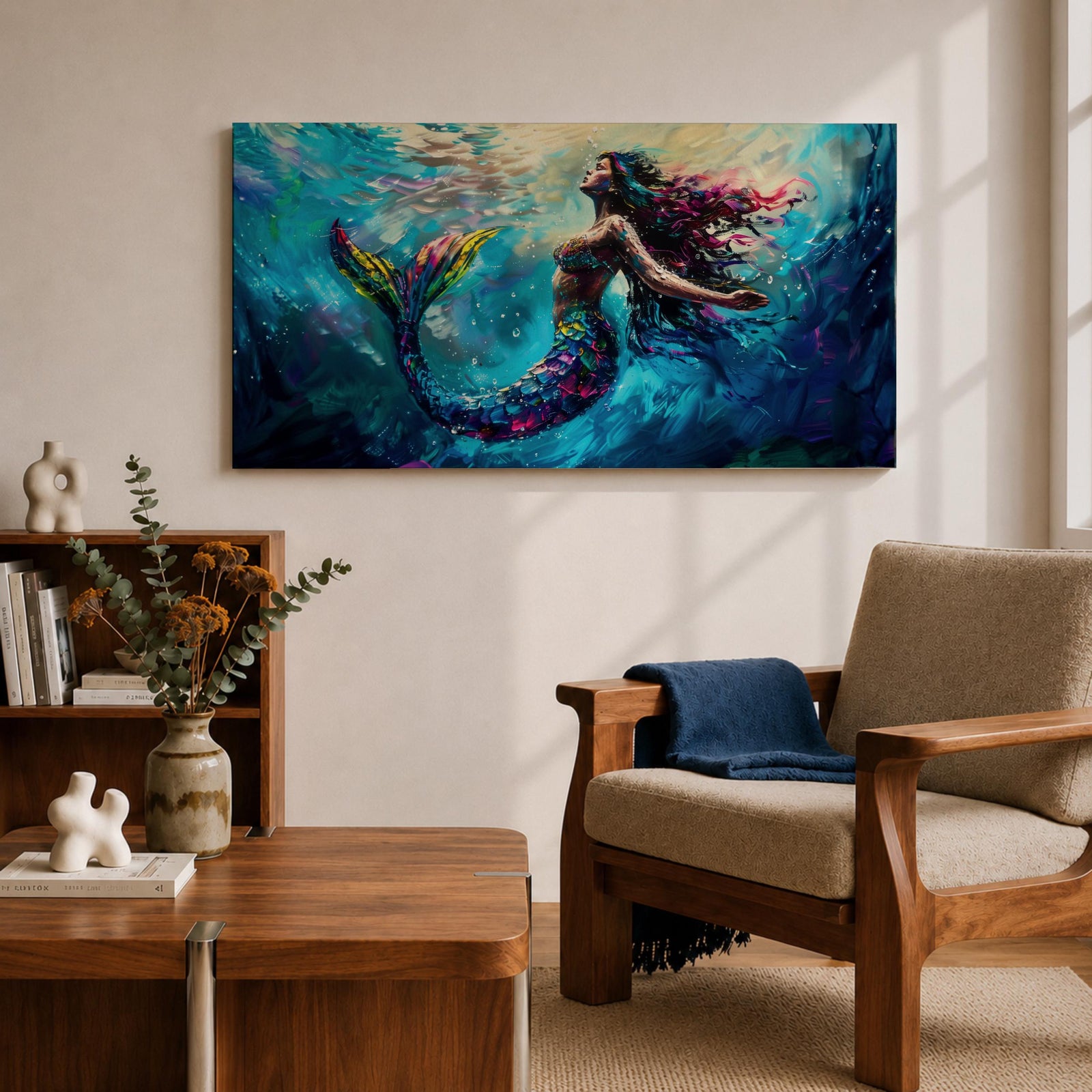 Panoramic fantasy artwork of a mermaid swimming gracefully underwater with flowing hair and iridescent scales illuminated by soft ocean light and deep blue currents.