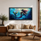 Panoramic fantasy artwork of a mermaid swimming gracefully underwater with flowing hair and iridescent scales illuminated by soft ocean light and deep blue currents.