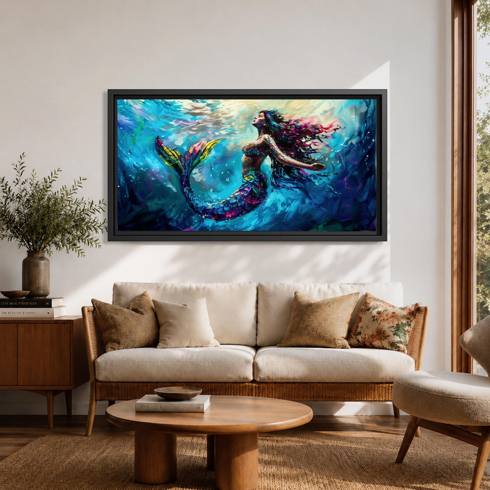 Panoramic fantasy artwork of a mermaid swimming gracefully underwater with flowing hair and iridescent scales illuminated by soft ocean light and deep blue currents.