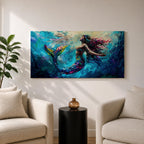 Panoramic fantasy artwork of a mermaid swimming gracefully underwater with flowing hair and iridescent scales illuminated by soft ocean light and deep blue currents.