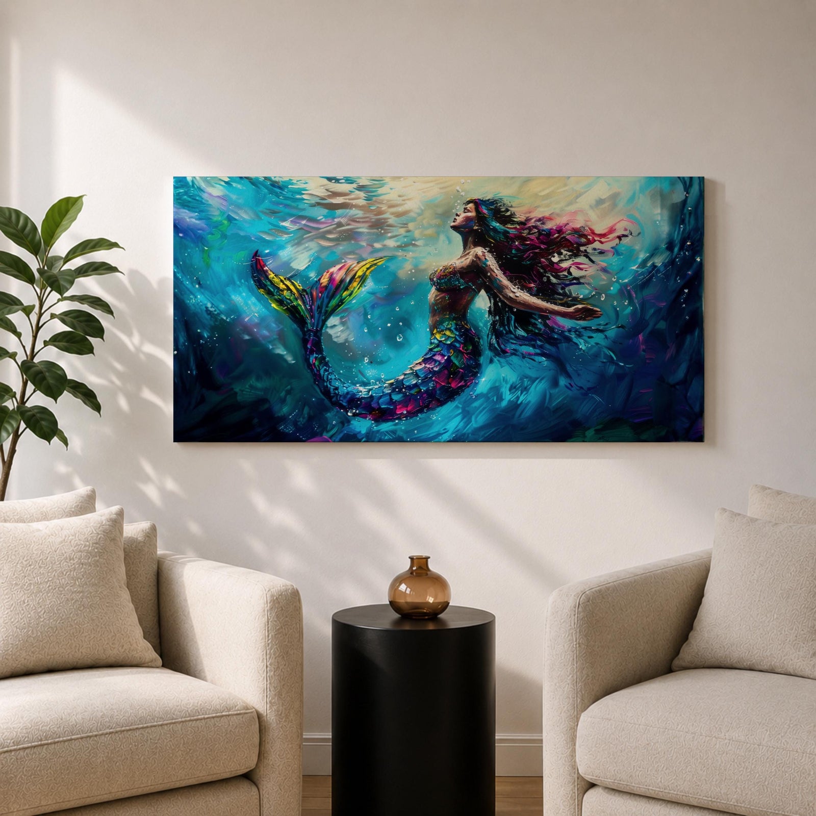 Panoramic fantasy artwork of a mermaid swimming gracefully underwater with flowing hair and iridescent scales illuminated by soft ocean light and deep blue currents.
