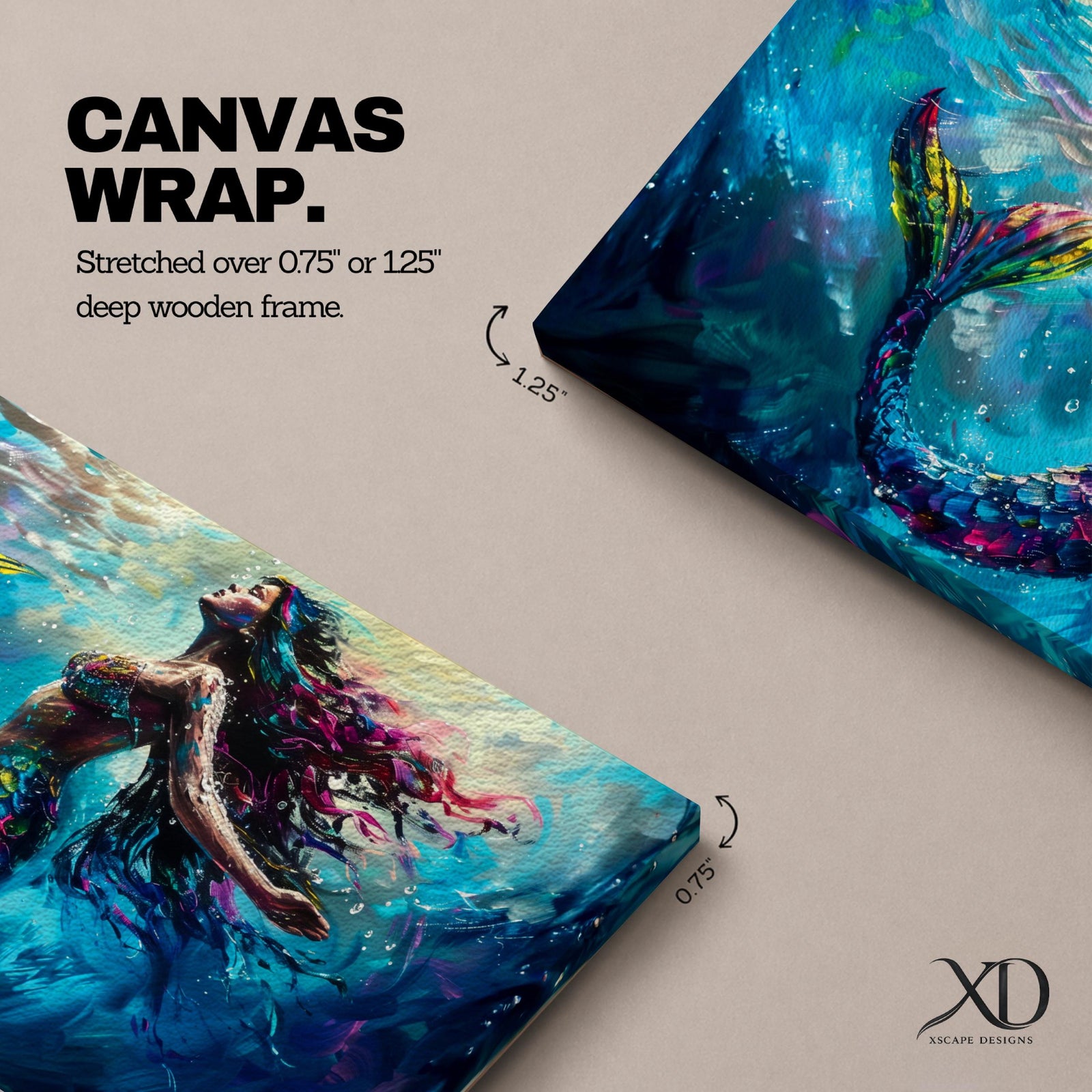 Panoramic fantasy artwork of a mermaid swimming gracefully underwater with flowing hair and iridescent scales illuminated by soft ocean light and deep blue currents.