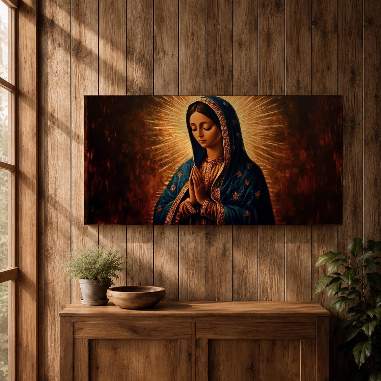 Panoramic religious painting of the Virgin Mary praying with hands together and head bowed, surrounded by a radiant golden halo against a warm dark background.